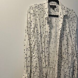 Banana Republic White Button-Down Shirt with Navy Bird Print